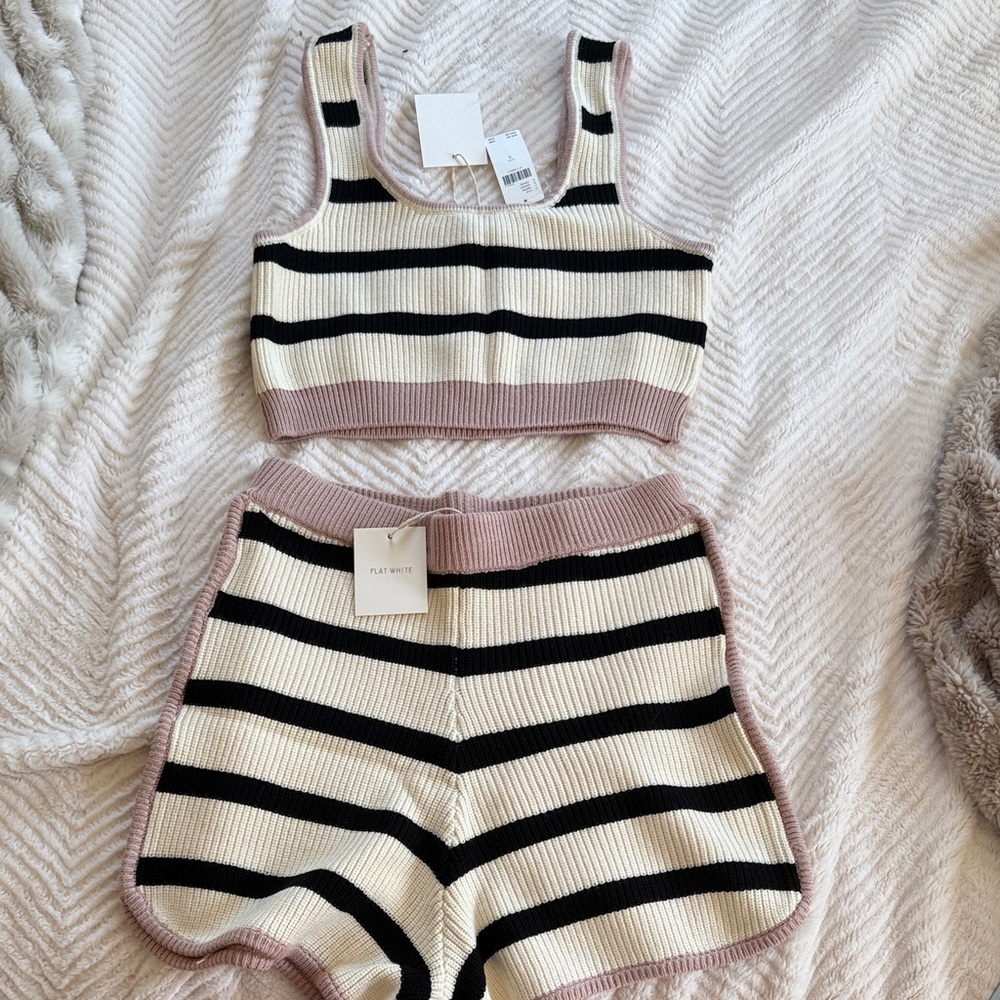 Anthropologie Cream, Black & Mauve Ribbed Striped Crop Top and Shorts Set